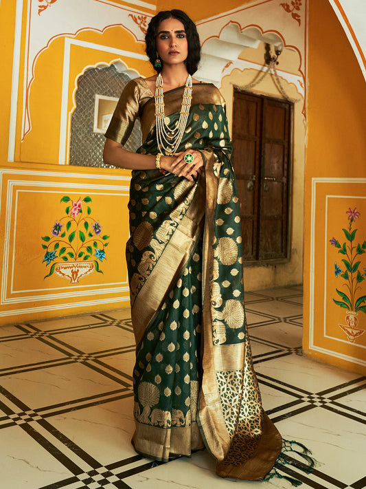 Janasya Dark Green Organza Woven Ethnic Motifs Kanjeevaram Grab2Buy