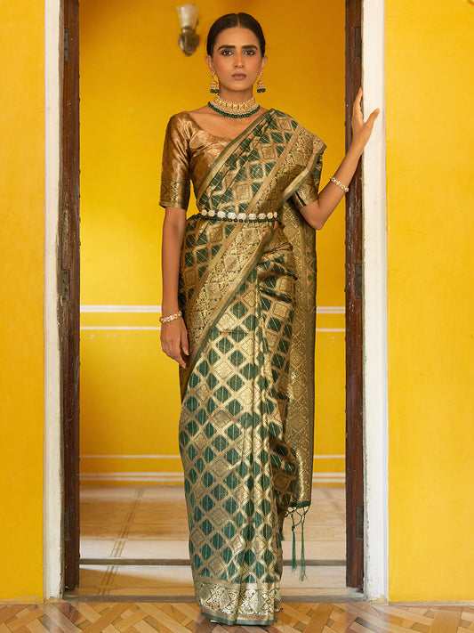Janasya Dark Green Organza Woven Ethnic Motifs Kanjeevaram Grab2Buy