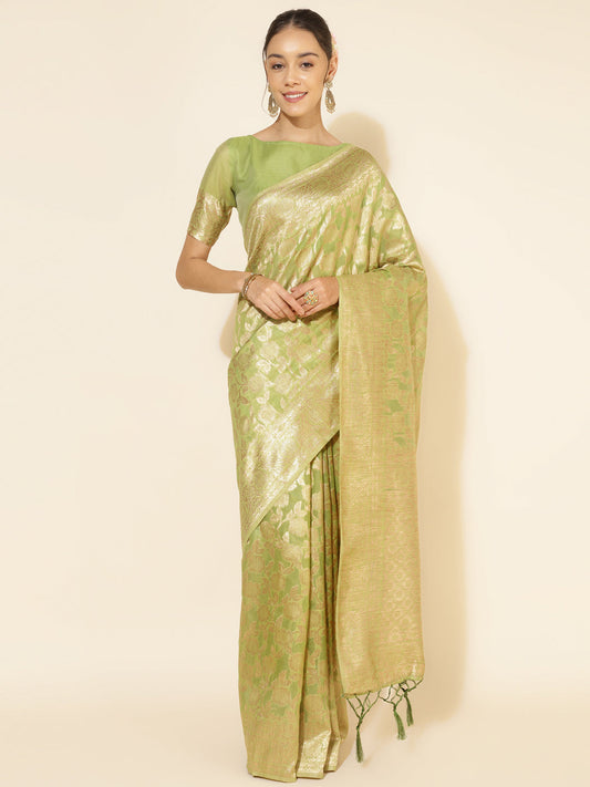 Janasya Light Green Chanderi Silk Floral Woven Design Grab2Buy