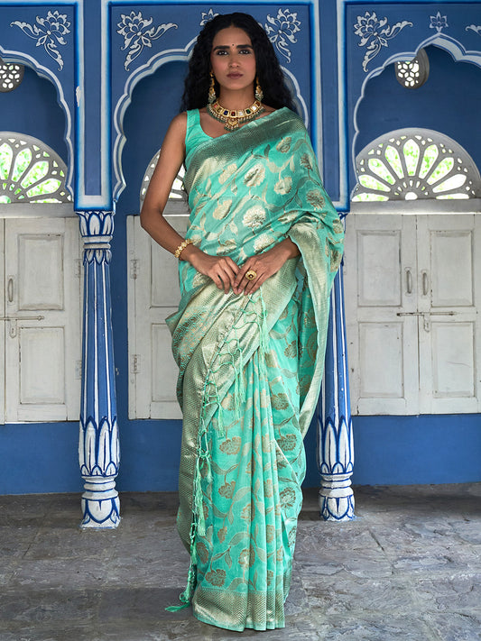 Janasya Sea Green Chanderi Silk Floral Woven Design Grab2Buy