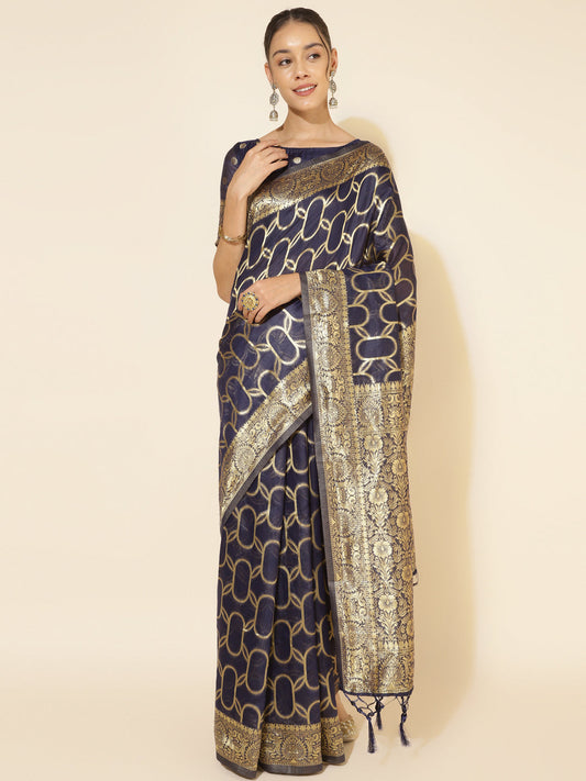 Janasya Navy Blue Chanderi Silk Woven Geometric Chanderi Silk Grab2Buy