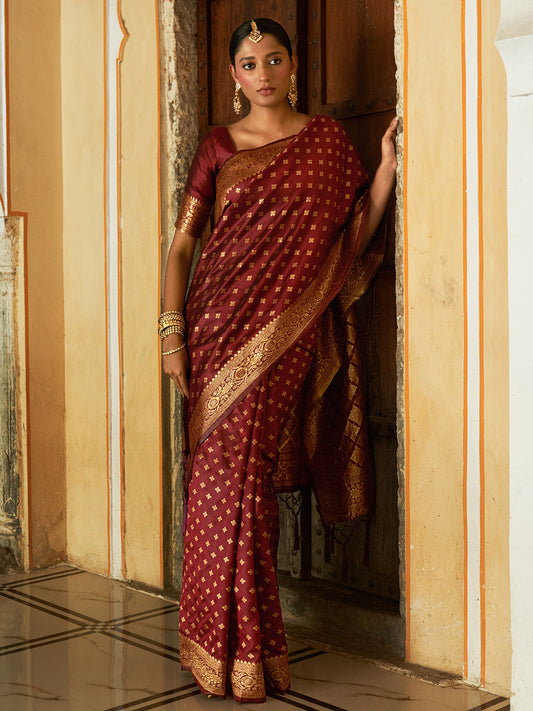 Janasya Maroon Banarasi Silk Woven Ethnic Motifs Woven Design Grab2Buy
