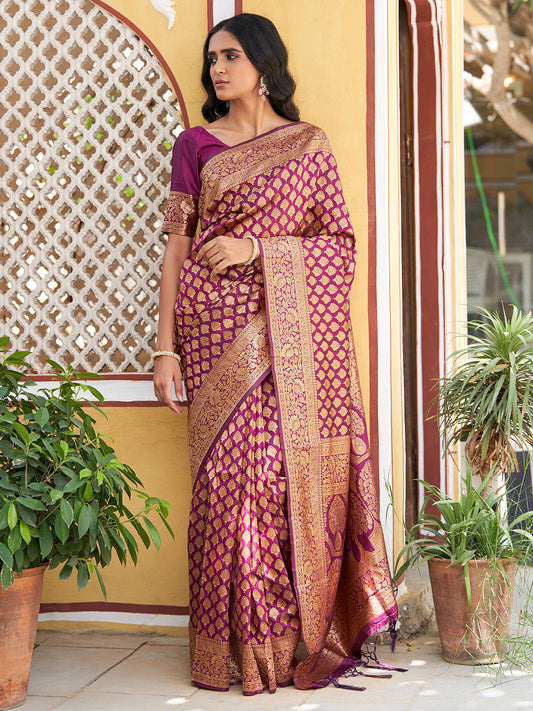 Janasya Wine Banarasi Silk Woven Ethnic Motifs Woven Design Grab2Buy