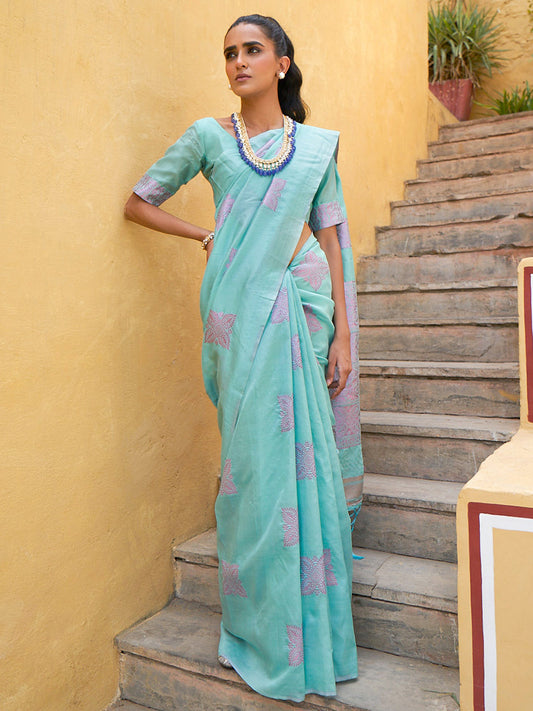 Janasya Sea Green Kanjeevaram Silk Woven Ethnic Motifs Kanjeevaram Silk Grab2Buy