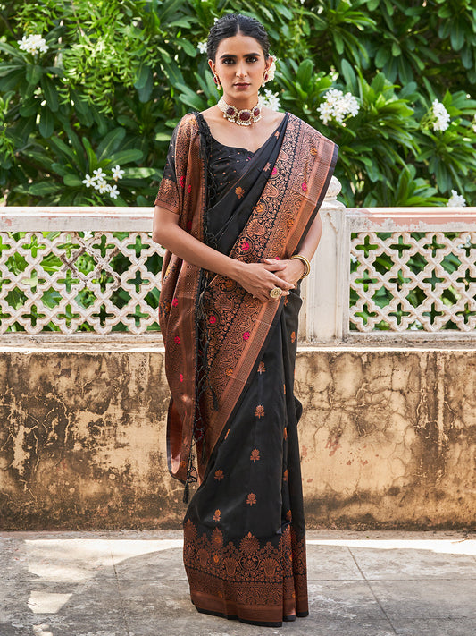 Janasya Black Banarasi Silk Woven Floral Design Banarasi Silk Grab2Buy