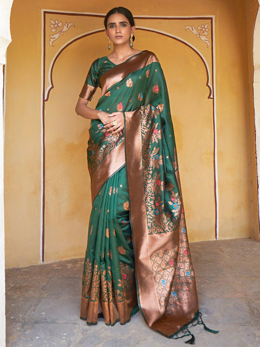Janasya Green Banarasi Silk Woven Dual Tone Floral Design Banarasi Silk Grab2Buy