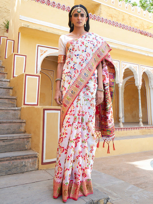 Janasya White Chanderi Silk Pashmina Woven Design Grab2Buy