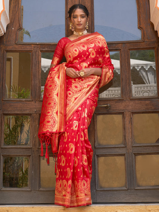 Janasya Red Banarasi Silk Paisley Woven Design Grab2Buy