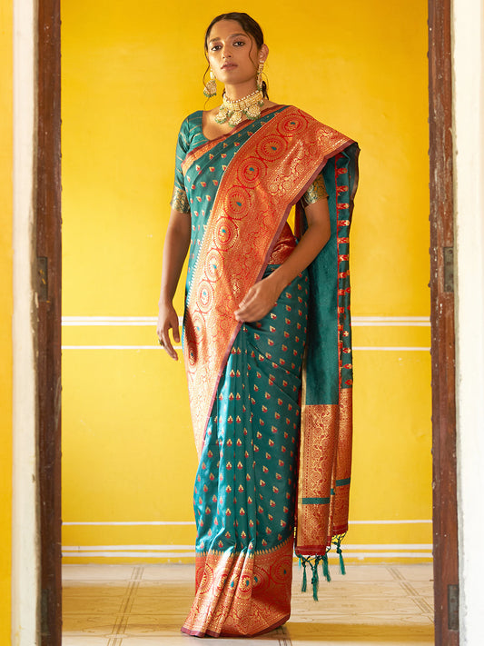 Janasya Green Silk Blend Woven Ethnic Motifs Woven Design Grab2Buy