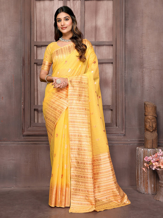 Janasya Yellow Cotton Linen Paisley Woven Grab2Buy