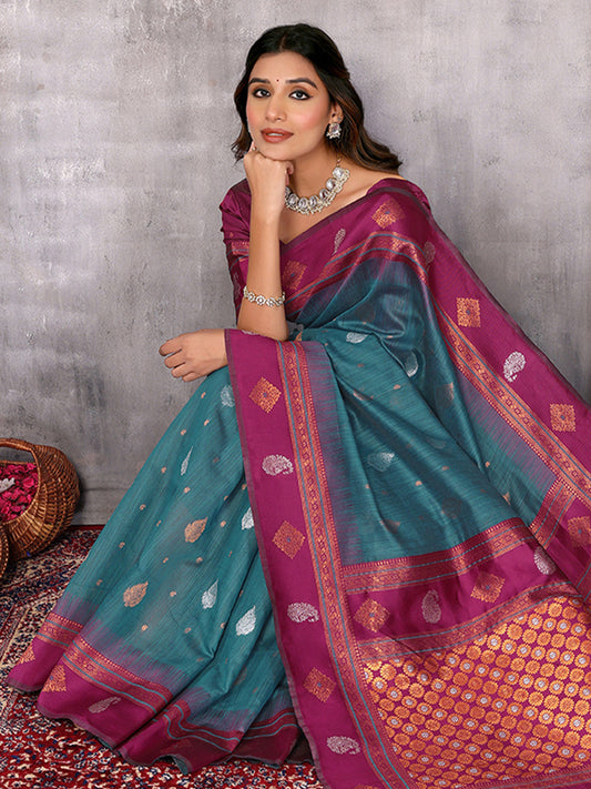 Janasya Teal Blue Cotton Linen Paisley Woven Grab2Buy