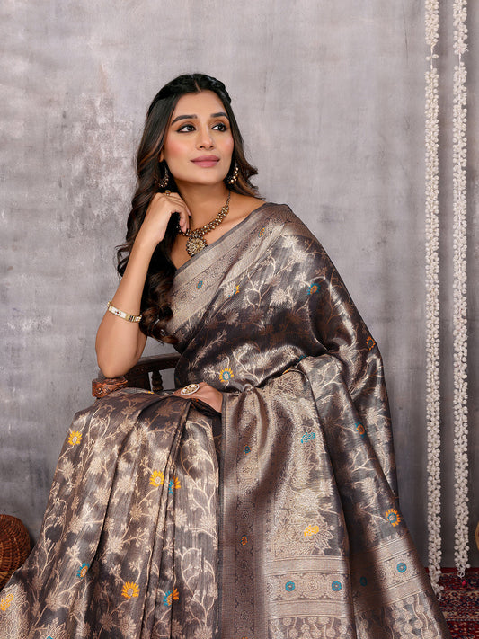 Janasya Blue & Gold Silk Blend Floral Banarasi Grab2Buy