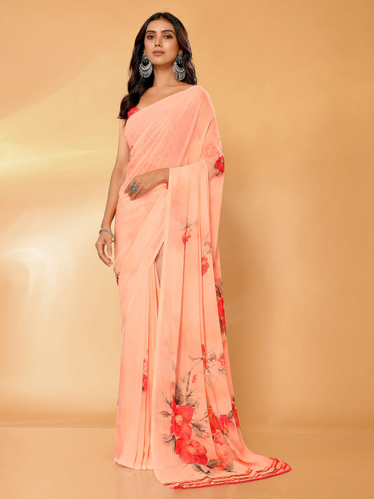 Janasya Peach Georgette Floral Printed Grab2Buy