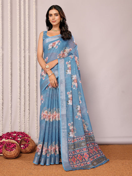 Janasya Blue Cotton Linen Floral Printed Grab2Buy