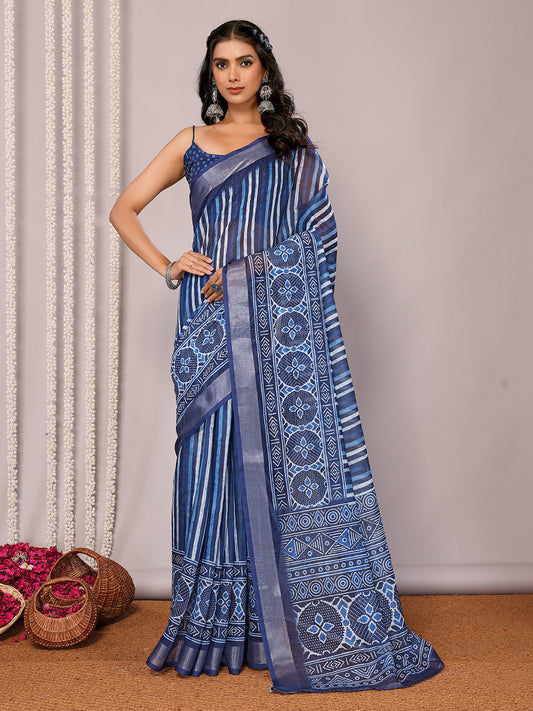 Janasya Blue Cotton Linen Geometric Printed Grab2Buy