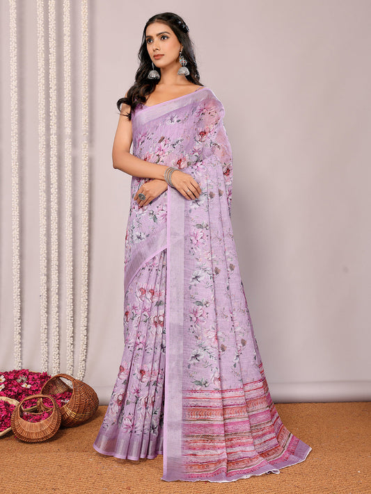 Janasya Lavender Cotton Linen Floral Printed Grab2Buy