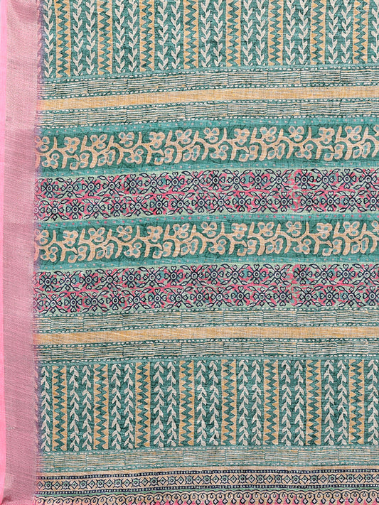 Janasya Green Cotton Linen Chevron Printed Grab2Buy
