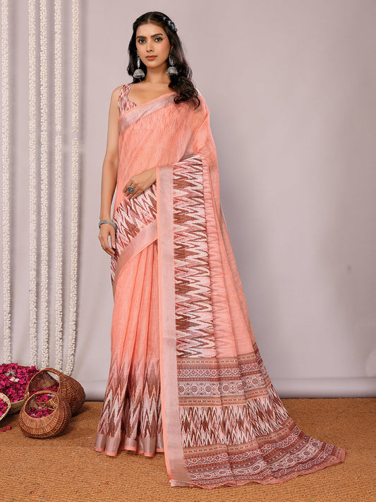 Janasya Peach Cotton Linen Ikkat Printed Grab2Buy