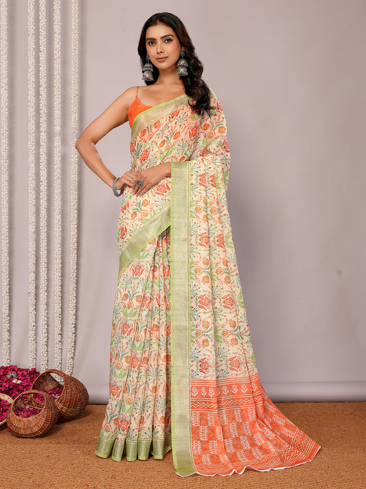 Janasya Light Green Cotton Linen Floral Printed Grab2Buy