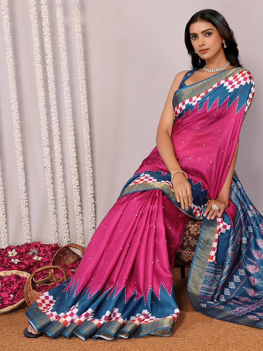 Janasya Pink & Blue Chanderi Silk Geometric Printed Grab2Buy