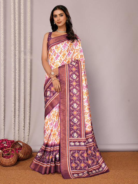 Janasya White & Purple Chanderi Silk Ikkat Printed Grab2Buy