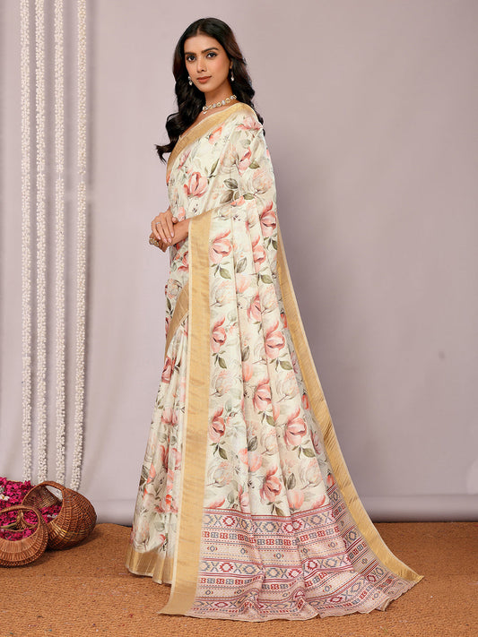 Janasya Cream Chanderi Silk Floral Printed Grab2Buy
