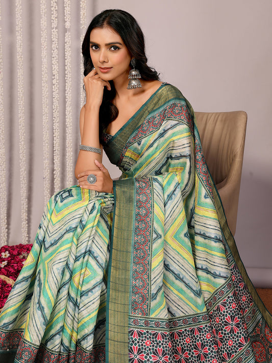 Janasya Green Chanderi Silk Chevron Printed Grab2Buy