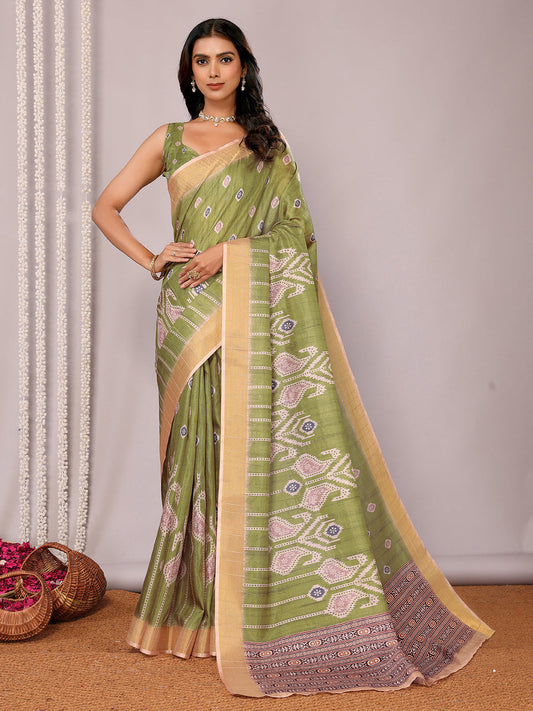 Janasya Green Chanderi Silk Ikkat Printed Grab2Buy