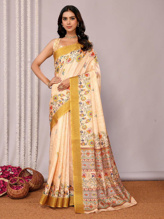 Janasya Beige Chanderi Silk Floral Printed Grab2Buy