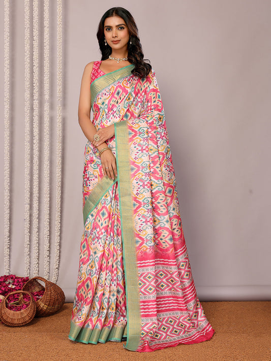 Janasya Pink Chanderi Silk Ikkat Printed Grab2Buy