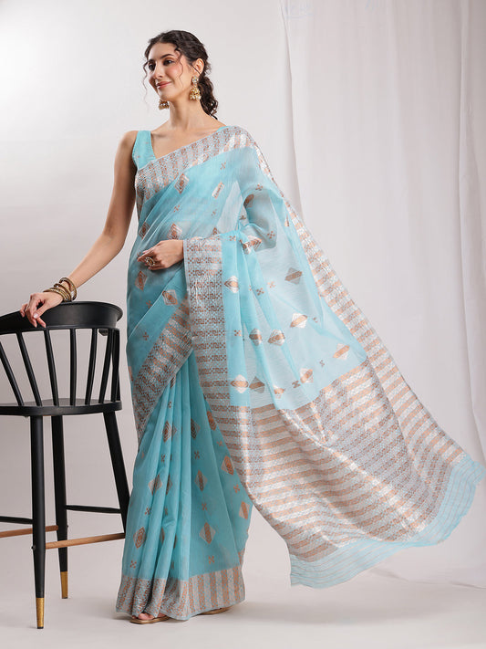 Janasya Sky Blue Linen Blend Geometric Jacquard Grab2Buy