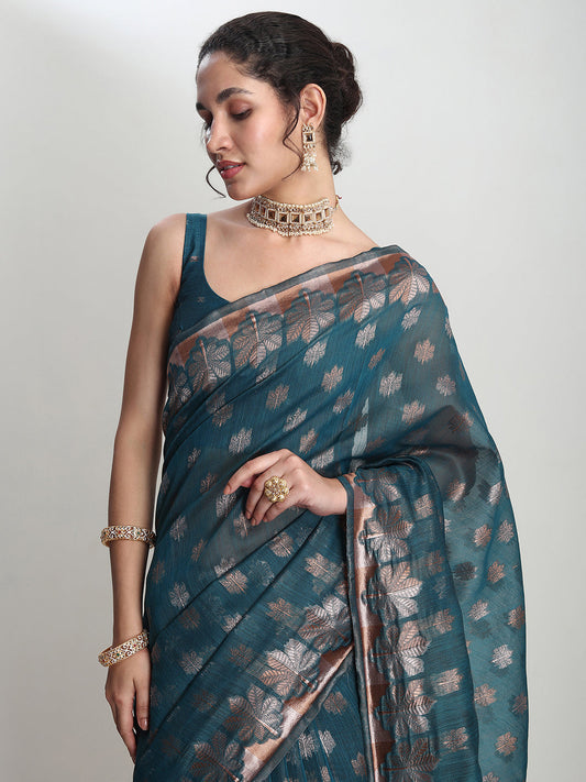 Janasya Teal Blue Linen Blend Floral Jacquard Grab2Buy