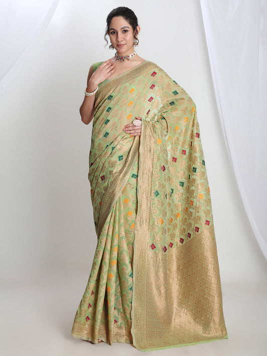 Janasya Green Linen Blend Geometric Jacquard Grab2Buy