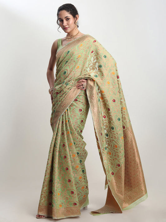 Janasya Light Green Linen Blend Floral Jacquard Grab2Buy