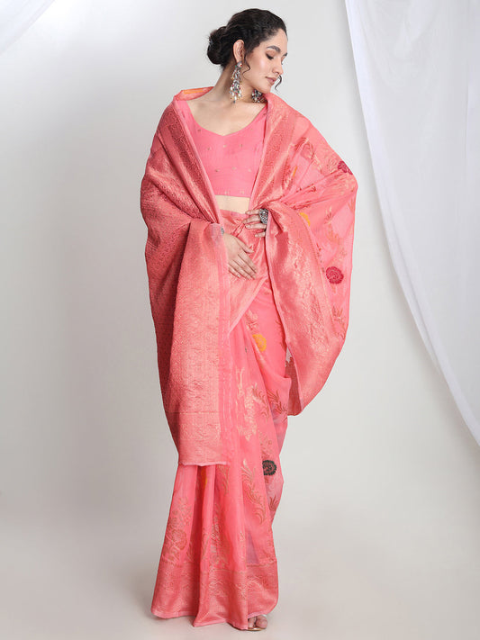 Janasya Peach Linen Blend Floral Jacquard Grab2Buy