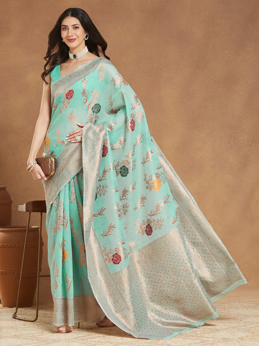 Janasya Sea Blue Linen Blend Floral Jacquard Grab2Buy