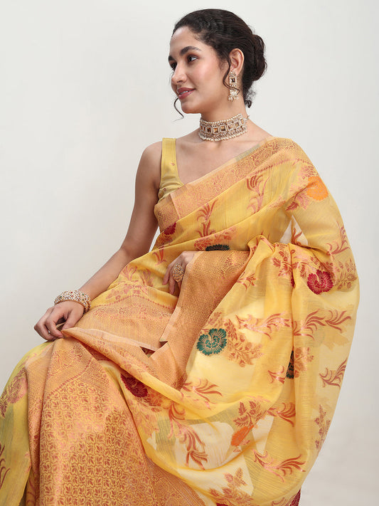 Janasya Yellow Linen Blend Floral Jacquard Grab2Buy