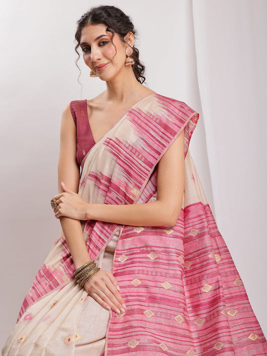 Janasya Beige Silk Blend Ikkat Jacquard Grab2Buy