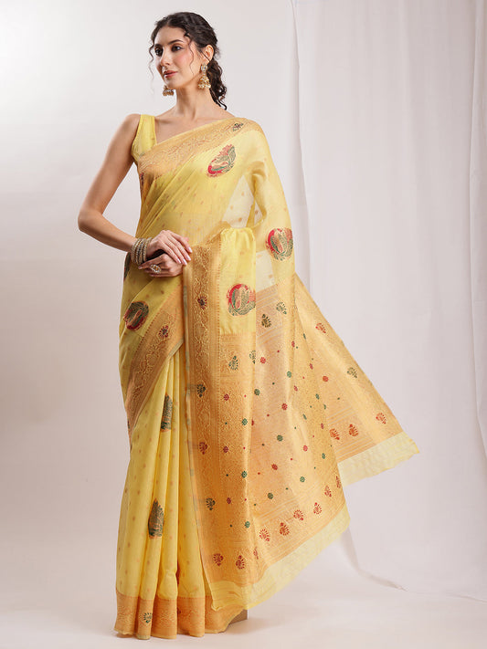Janasya Yellow Linen Blend Kalamkari Jacquard Grab2Buy