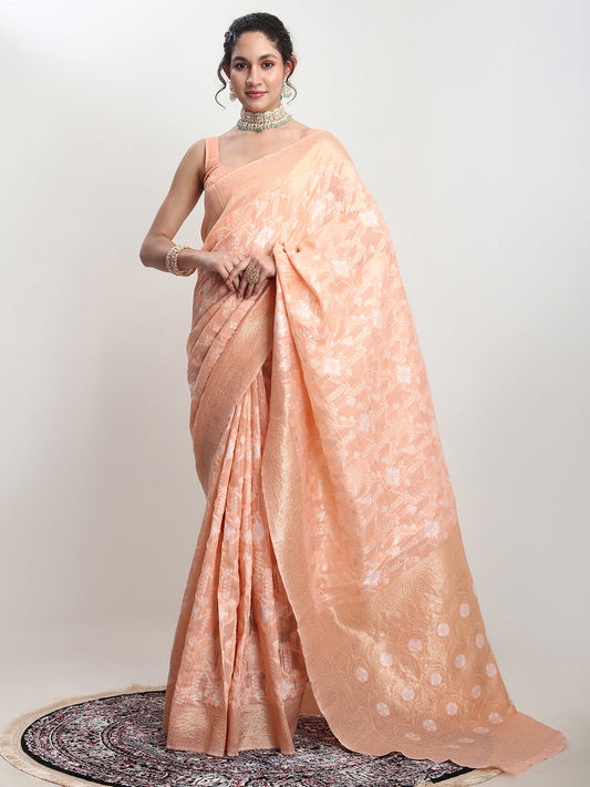 Janasya Orange Linen Blend Geometric Jacquard Grab2Buy