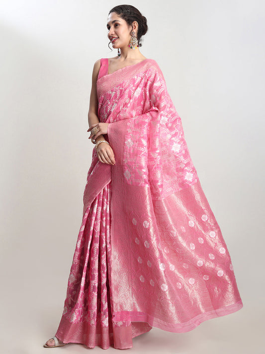 Janasya Pink Linen Blend Geometric Jacquard Grab2Buy