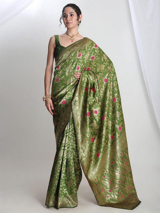 Janasya Green Silk Blend Floral Jacquard Grab2Buy
