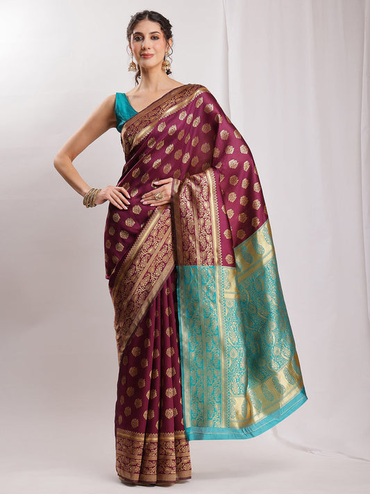 Janasya Purple Silk Blend Floral Jacquard Grab2Buy