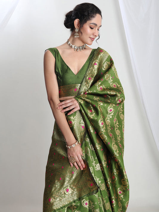 Janasya Green Silk Blend Floral Jacquard Grab2Buy