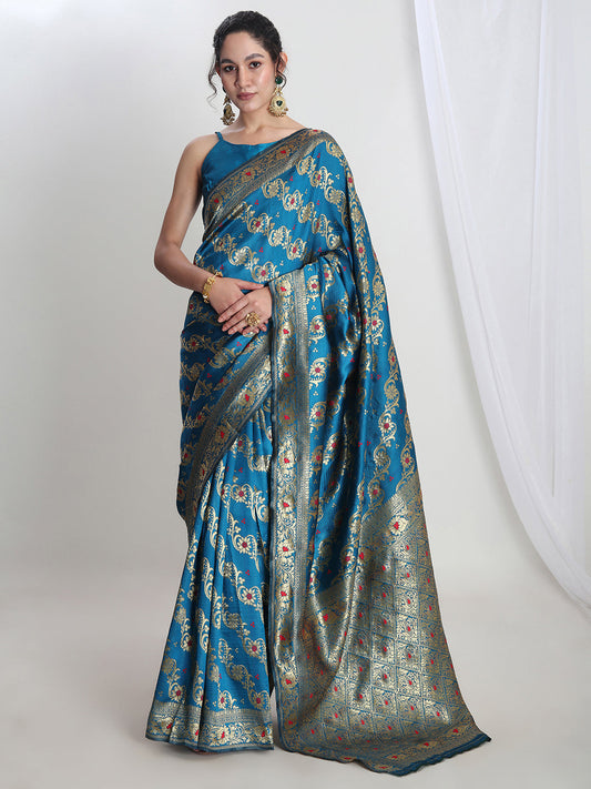 Janasya Teal Blue Silk Blend Floral Jacquard Grab2Buy