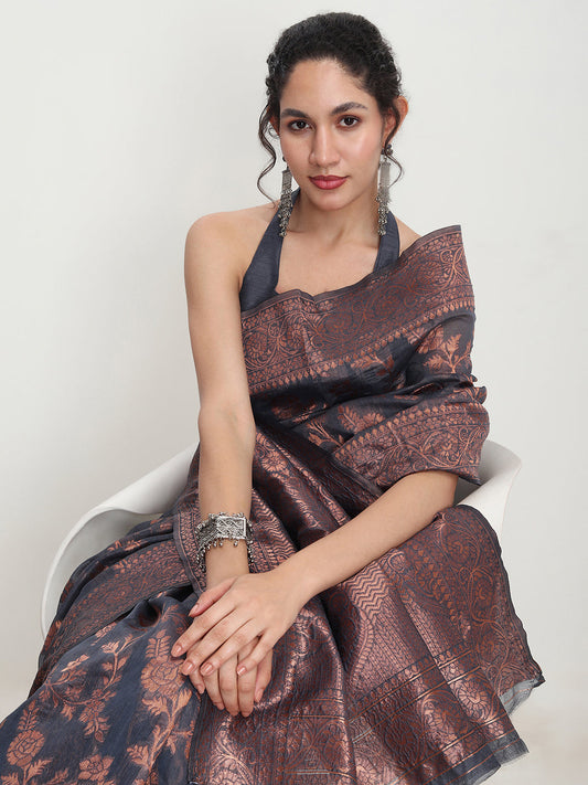 Janasya Grey Silk Blend Floral Jacquard Grab2Buy