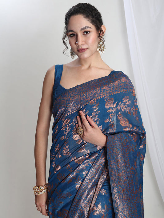 Janasya Blue Silk Blend Floral Jacquard Grab2Buy