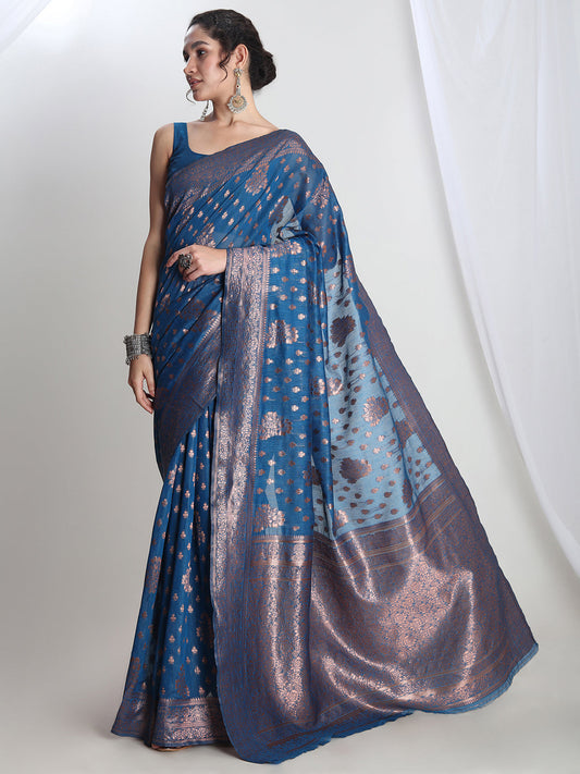 Janasya Teal Blue Silk Blend Floral Jacquard Grab2Buy