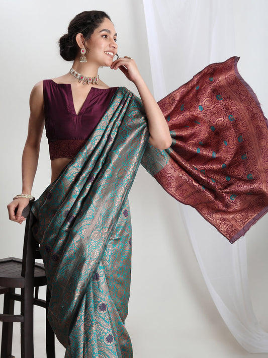 Janasya Sea Green Silk Blend Floral Jacquard Grab2Buy