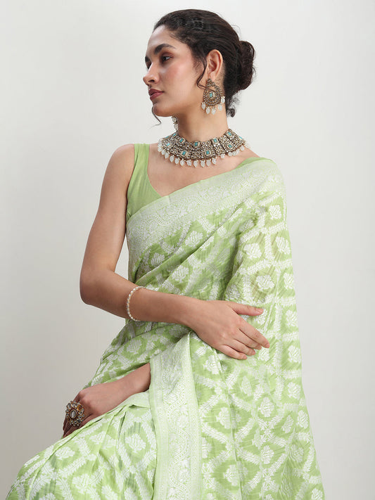 Janasya Light Green Silk Blend Floral Jacquard Grab2Buy